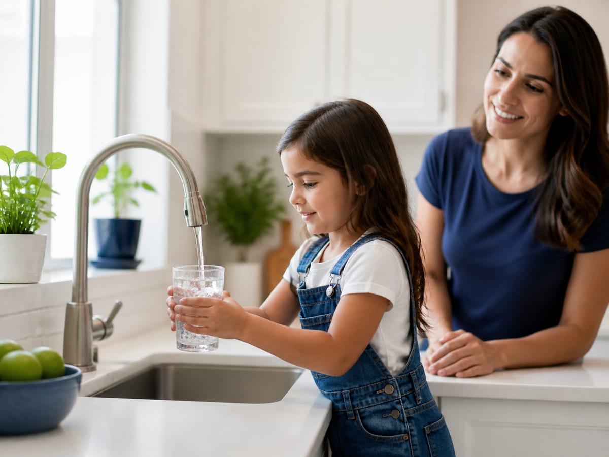 Child filling a glass of water at a kitchen faucet with a parent nearby.